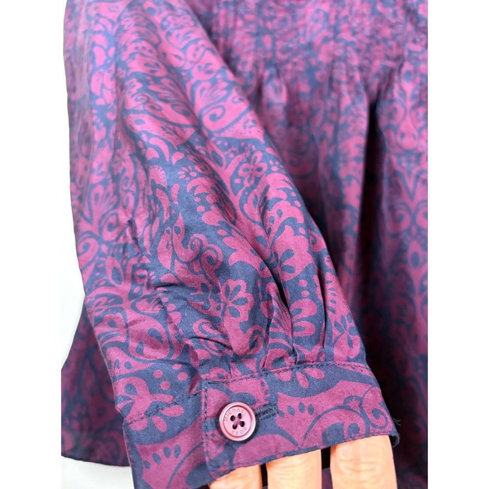 Michael Kors Pure Silk Pintuck Blouse Purple Navy Damask Paisley Top Size 6 - Picture 5 of 10